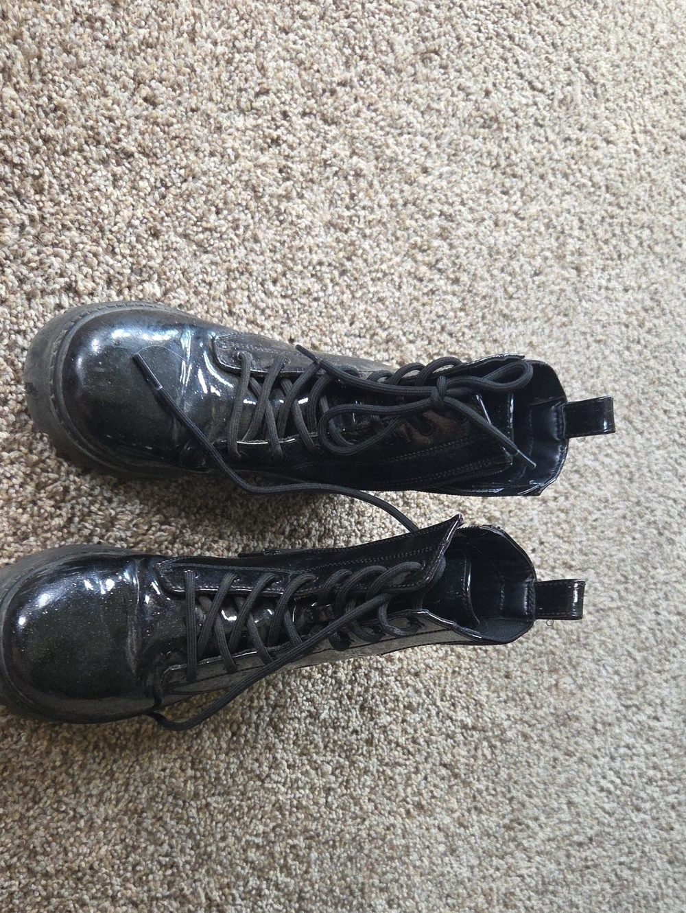 Black Patent Lace-Up Combat Boots - Kids